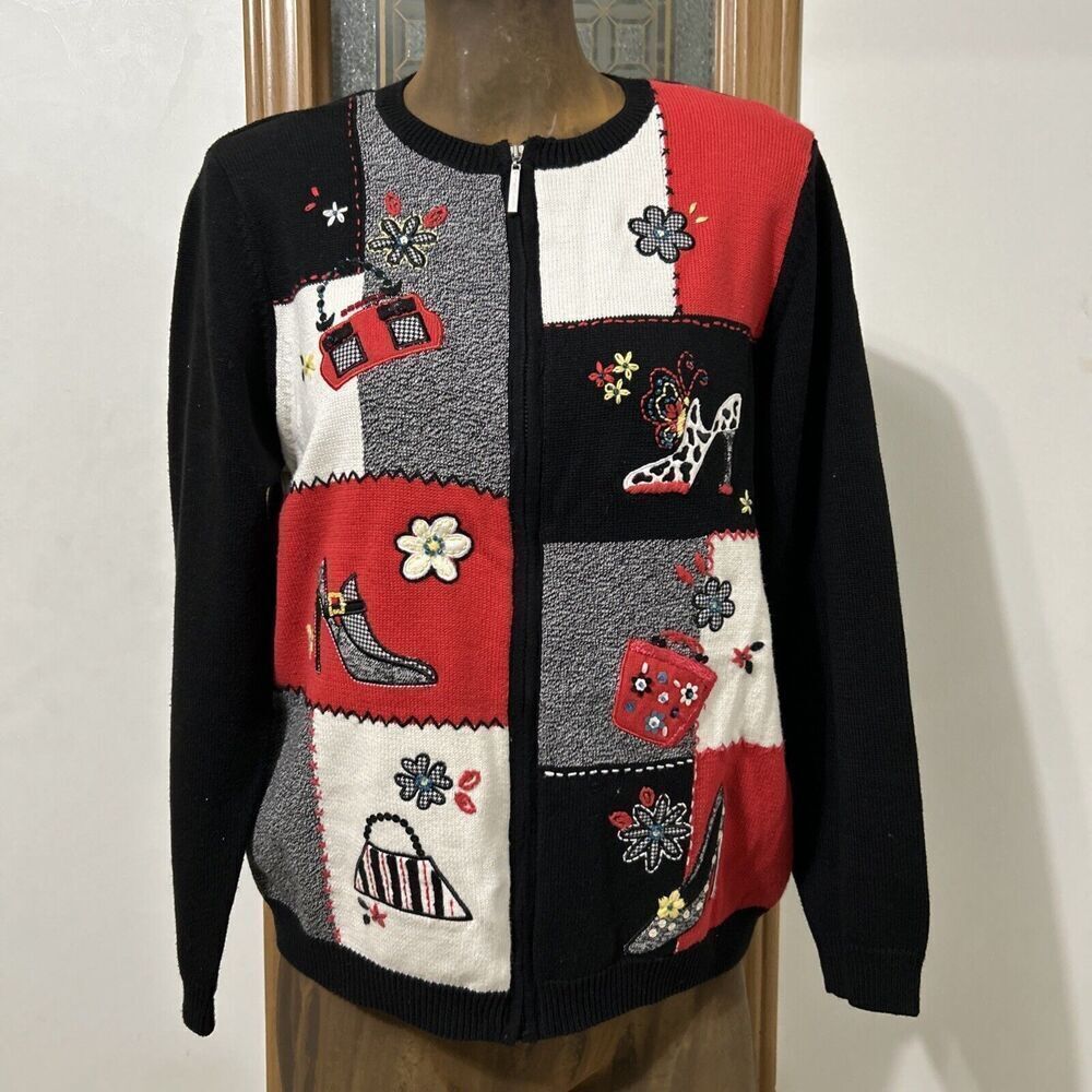 Alfred Dunner Vtg Patchwork Sweater Zip Cardigan Women’s Small Black Red